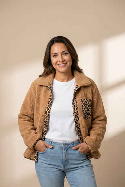 Women's Leopard Accent Camel Sherpa Jacket with Patch Pockets