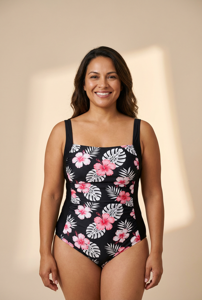Women's Floral Ruched Square Neck One-Piece Swimsuit