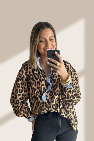 Women's Leopard Print Ruffle Blouse with Striped Contrast