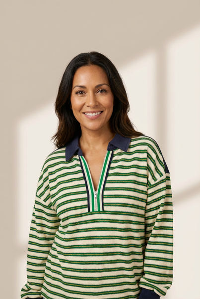 Women's Striped Quarter-Zip Pullover with Navy Contrast Collar