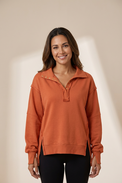Women's Cotton-Blend High-Low Polo Sweatshirt with Snap Collar