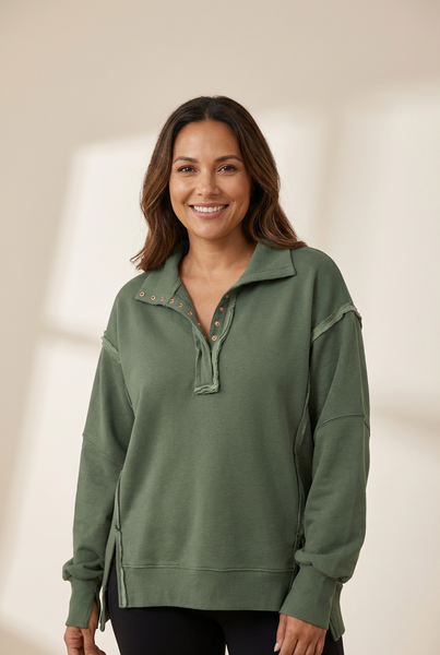 Women's Moss Green Cotton-Blend Button Collar High-Low Sweatshirt