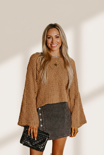 Women's Camel Bell Sleeve Hollow Out Knit Sweater