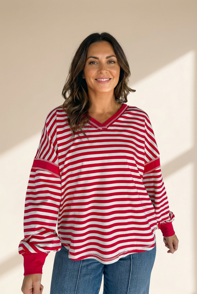 Women's Red Striped V-Neck Balloon Sleeve Pullover with Exposed Seams