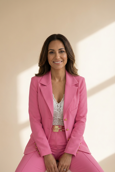 women's sophisticated pink double-breasted blazer and slim pants set made for easy styling and wardrobe coordination, with premium-like structure and
