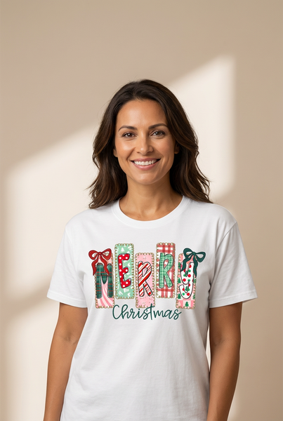 Women's Merry Christmas Patchwork Graphic Tee Shirt