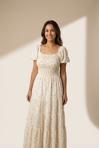 Women's Floral Tiered White Maxi Dress with Shirred Bodice