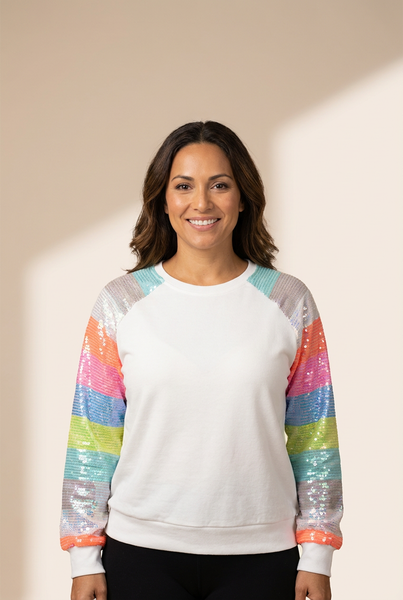 Women's White Sequin Color Block Casual Sweatshirt with Raglan Sleeves