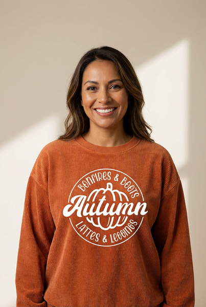 Women's Autumn Graphic Pumpkin Corduroy Sweatshirt in Rust Orange