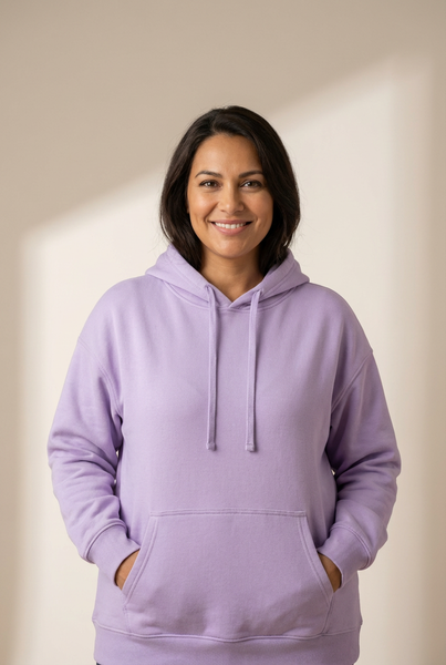 women's relaxed lavender cotton-blend hoodie with kangaroo pocket made for easy styling and wardrobe coordination, with premium-like structure and