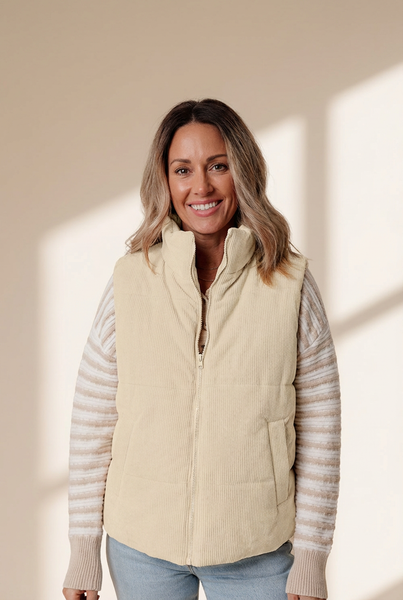 Women's Beige Corduroy Stand Neck Puffer Vest with Zipper