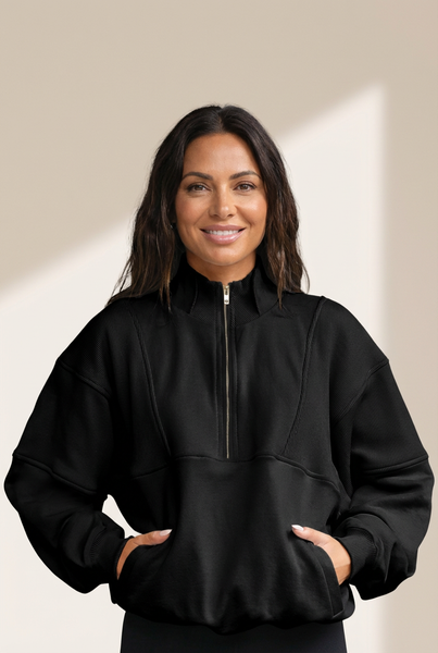 Women's Oversized Black Half-Zip Sweatshirt with Ribbed Texture