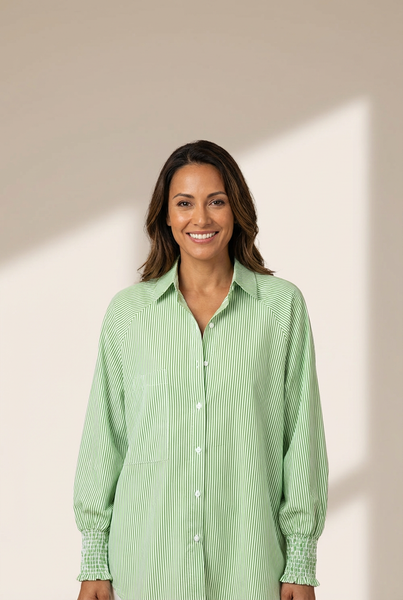 Women's Grass Green Pinstripe Button-Up with Smocked Cuffs