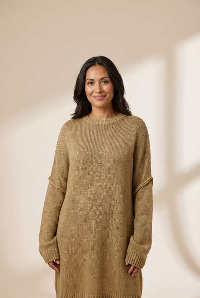 Women's Pale Khaki Oversized Knit Sweater Dress with Exposed Seams