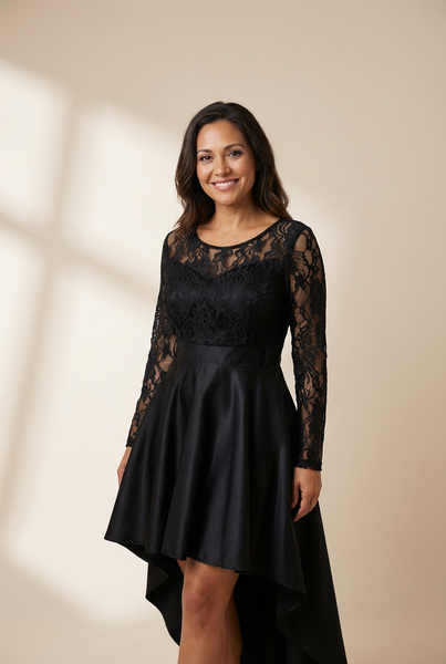 Women's Floral Lace High-Low Cocktail Dress Set in Onyx Black