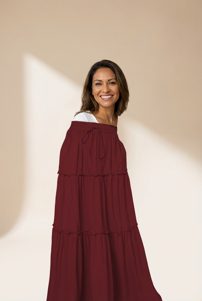 Women's Deep Crimson Tiered Maxi Skirt with Drawstring Waist