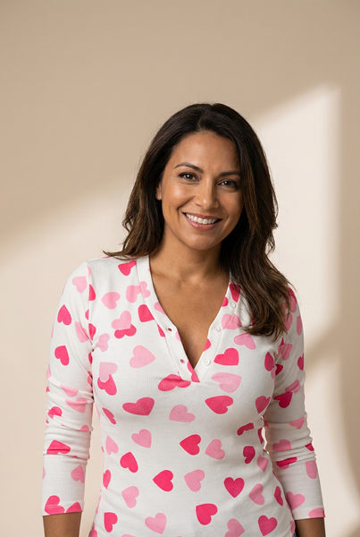 women's fitted pink heart print long sleeve top with buttoned neckline - perfect for valentine's day celebrations with practical styling and