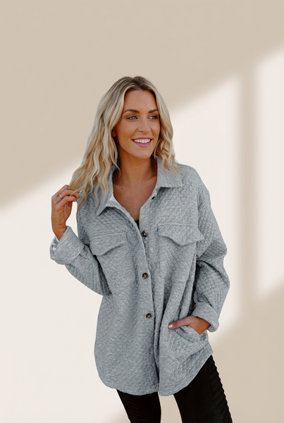 Women's Gray Retro Quilted Shacket with Pockets - Trendy Button-Up Jacket for Chic Layered Style and Comfort made for easy styling and wardrobe
