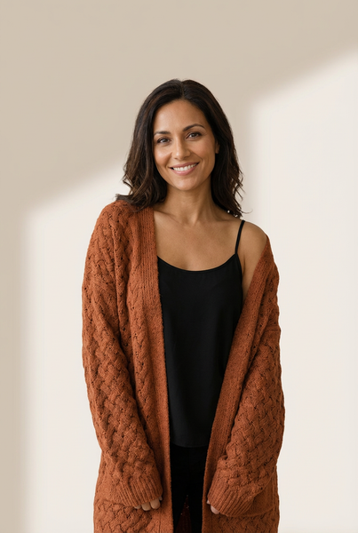 Women's Textured Basket-Weave Open Front Cardigan in Rust