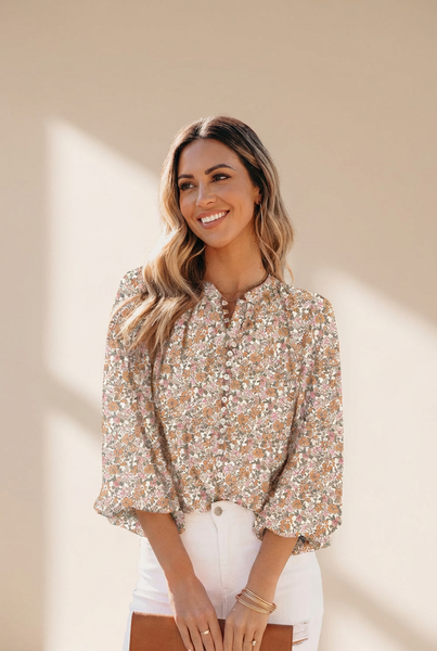 Women's Boho Ditsy Floral Button-Down Blouse with Lantern Sleeves