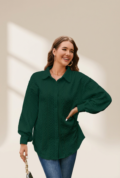Women's Blackish Green Cable Knit Puff Sleeve Shacket