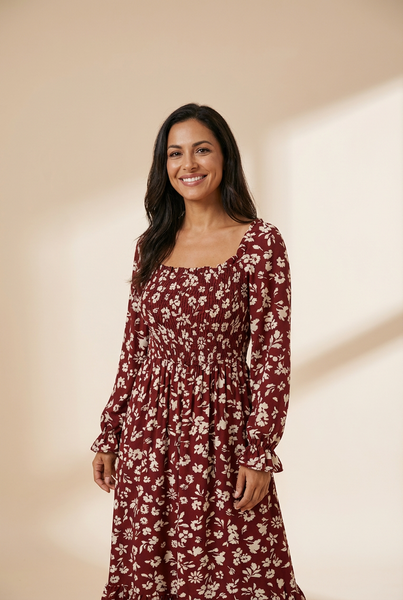 Women's Red Floral Smocked Maxi Dress with Square Neck