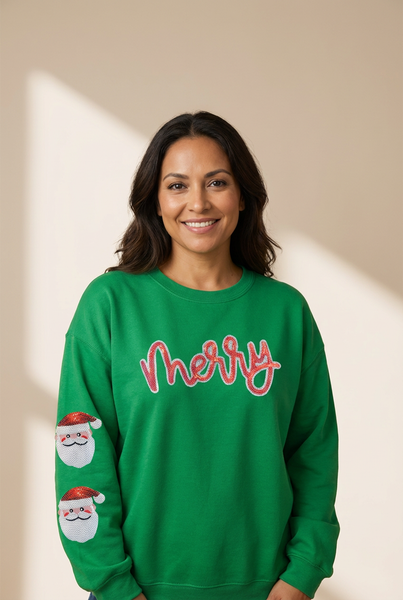 Women's Green Sequin Merry Christmas Sweatshirt with Santa Patches