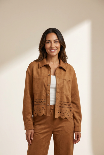 Women's Thai Curry Faux Suede Cut-Out Jacket with Laser-Cut Hem