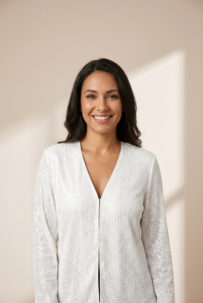 Women's Sequined Open-Front Evening Jacket in Winter White made for easy styling and wardrobe coordination, with premium-like structure and finish.