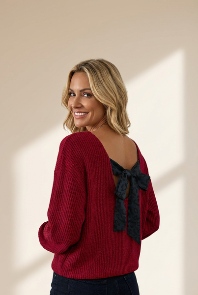 Women's Racing Red Ribbed Bow-Back Top with Leopard Accent