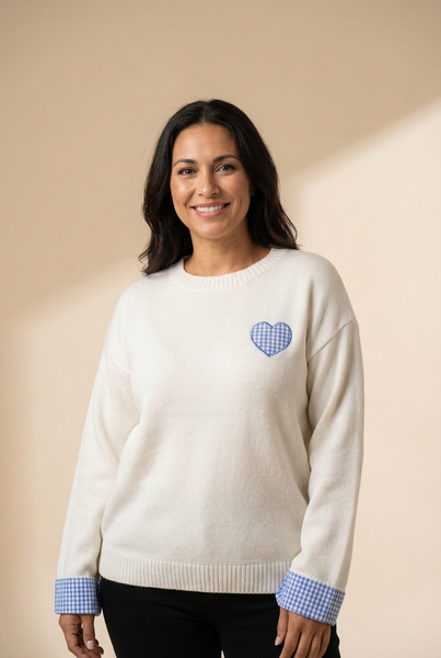 Women's Plaid Heart Embroidered Cuffed Crew Neck Sweater
