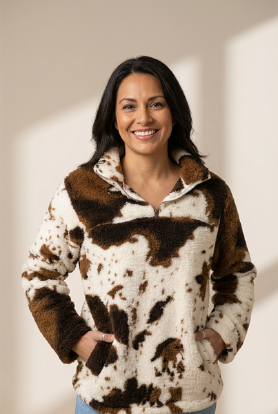Women's Cow Print Zip Collar Fleece Sweatshirt