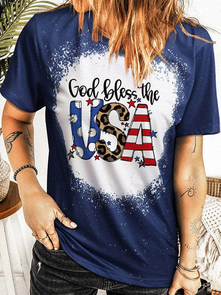 American Independence Day Blue Letter Print Women'S T-Shirt