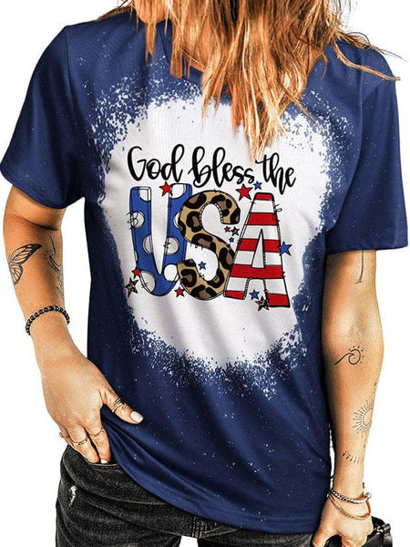 American Independence Day Blue Letter Print Women'S T-Shirt