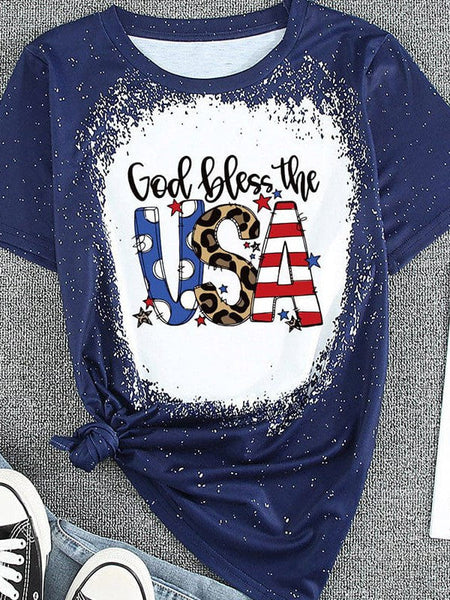 American Independence Day Blue Letter Print Women'S T-Shirt