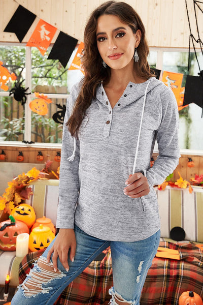 women's heather gray henley hoodie with button placket made for easy styling and wardrobe coordination, with premium-like structure and finish. with