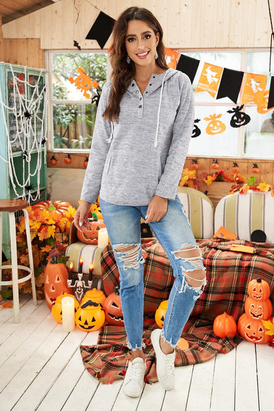 women's heather gray henley hoodie with button placket made for easy styling and wardrobe coordination, with premium-like structure and finish. with