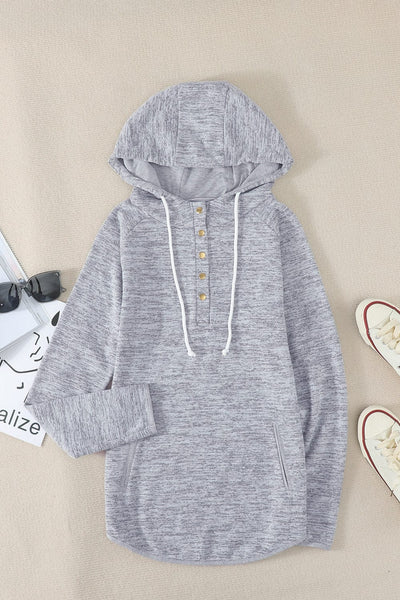 women's heather gray henley hoodie with button placket made for easy styling and wardrobe coordination, with premium-like structure and finish. with