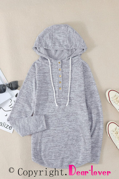 women's heather gray henley hoodie with button placket made for easy styling and wardrobe coordination, with premium-like structure and finish. with