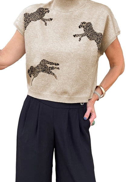 Women's Apricot Cheetah Print High Neck Short Sleeve Sweater - Southern Belle Style