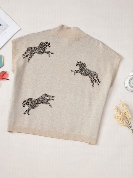 Women's Apricot Cheetah Print High Neck Short Sleeve Sweater - Southern Belle Style