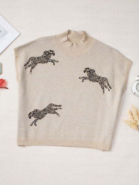 Women's Apricot Cheetah Print High Neck Short Sleeve Sweater - Southern Belle Style