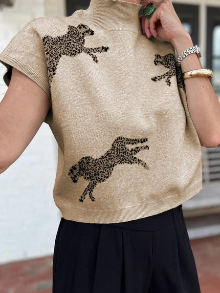 Women's Apricot Cheetah Print High Neck Short Sleeve Sweater - Southern Belle Style