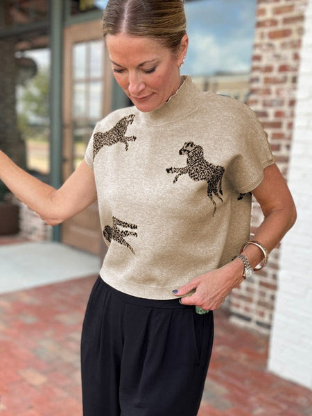Women's Apricot Cheetah Print High Neck Short Sleeve Sweater - Southern Belle Style
