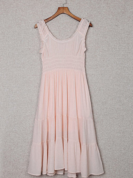 Apricot Flounce A-line Midi Dress with Smocked Waist