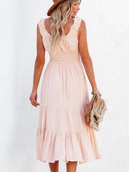 Apricot Flounce A-line Midi Dress with Smocked Waist