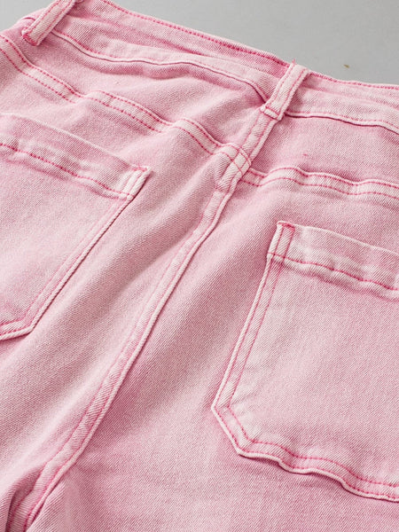 Women's Apricot Pink Mineral Wash Crop Flare Jeans with Button Fly