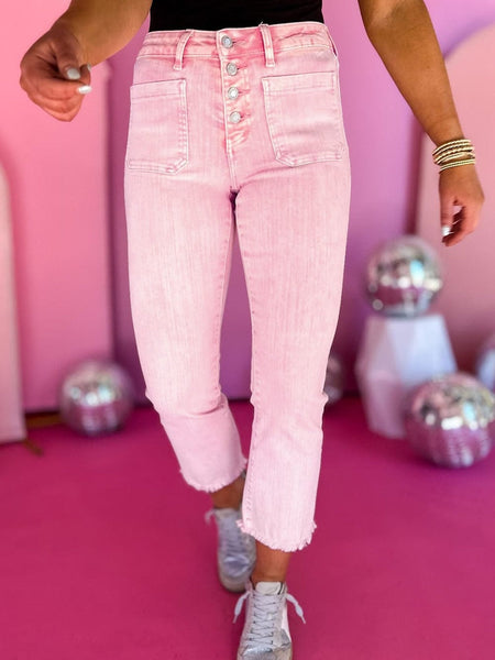 Women's Apricot Pink Mineral Wash Crop Flare Jeans with Button Fly