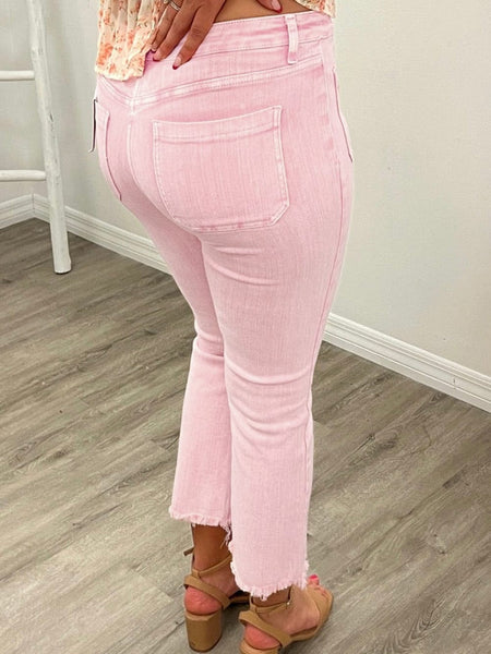 Women's Apricot Pink Mineral Wash Crop Flare Jeans with Button Fly