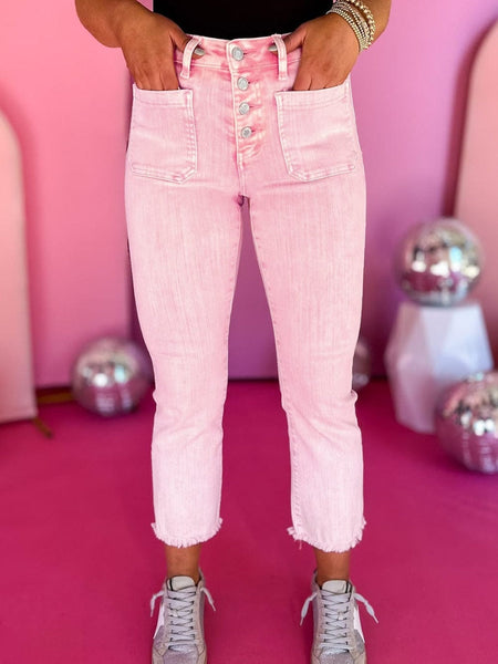 Women's Apricot Pink Mineral Wash Crop Flare Jeans with Button Fly